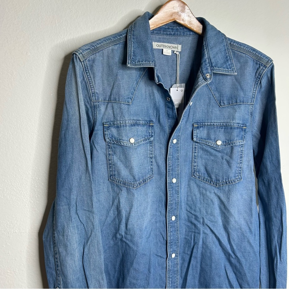 NWT Outerknown 100% Organic Cotton Denim Pearl Snap Button Down Long Shirt - Picture 9 of 16